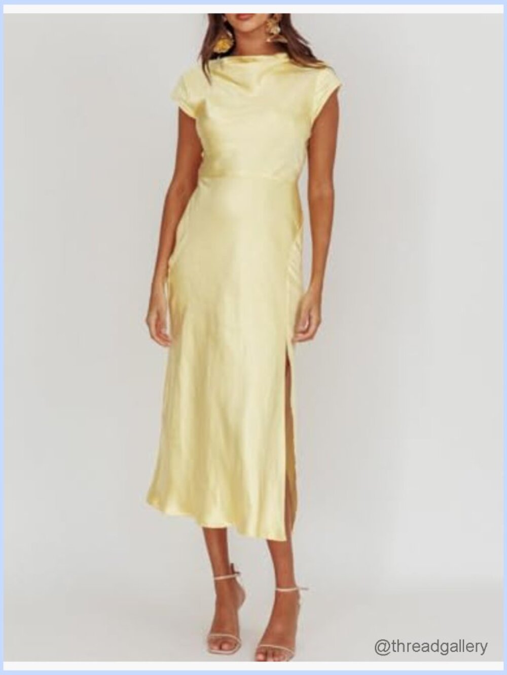 Satin Cowl Neck Backless Twist Cap Sleeve Midi Dress Side Slit - Picture 4 of 7